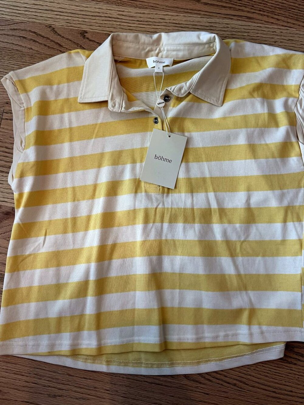 NWT böhme Yellow Cream Wide Stripe Knit Polo Top Short Sleeve S